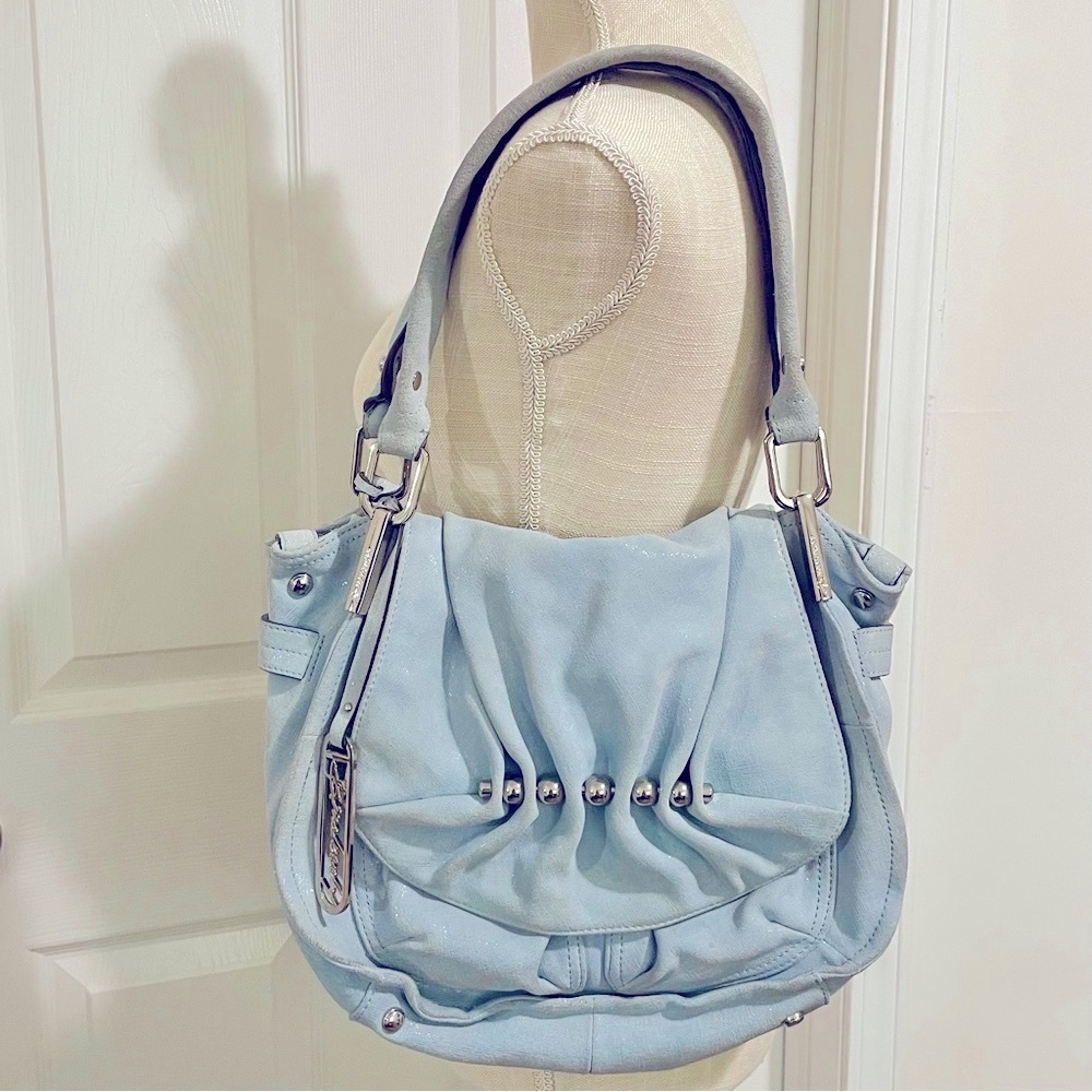B. MAKOWSKY Blue Shimmer Handbag with Silver Hardware
